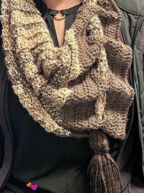 Handmade Chunky Knit Infinity Scarf in Brown and Cream